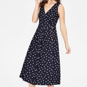 Boden Arwen Navy & White Polka Dot Linen Blend Wrap Dress Size 4P